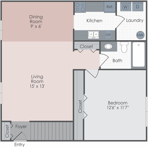 Floor plan for 1 bed, 1 bath, 700 sqft